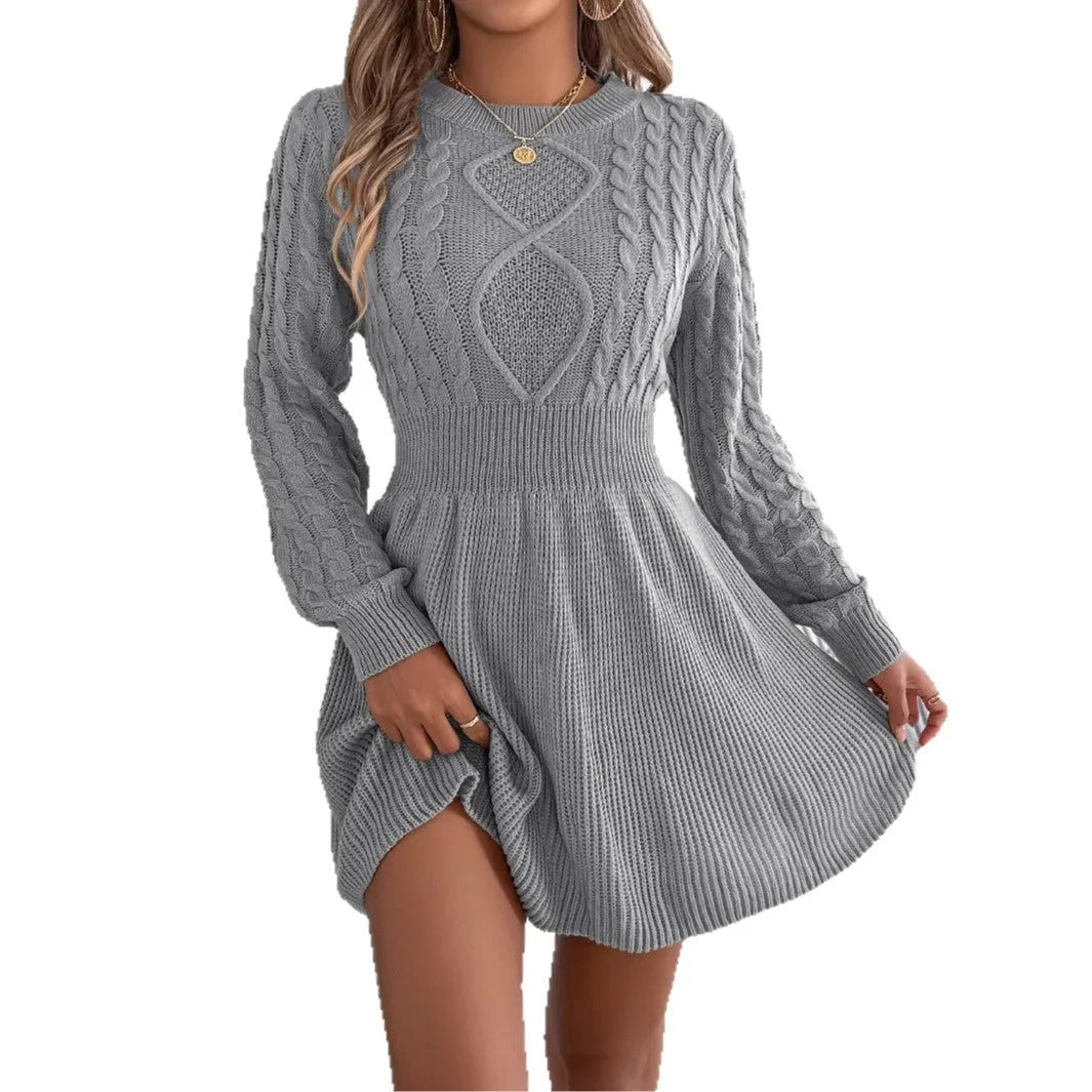 Solid colour acrylic sweater dress with long lantern sleeves and an elastic twist waist.