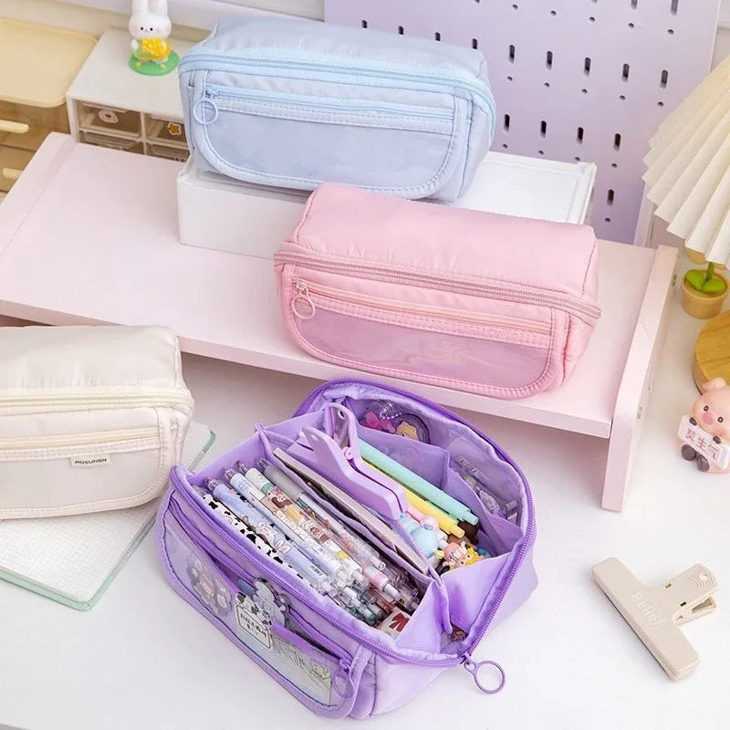 Korean style canvas pencil case with ten-layer flip design open to show multiple pen compartments.