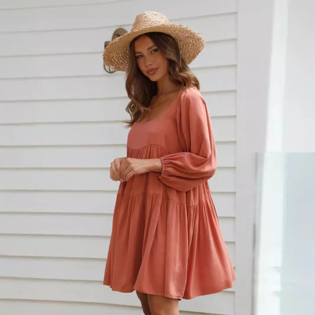 Girls orange red backless dress with square collar and puff sleeves in A-line silhouette