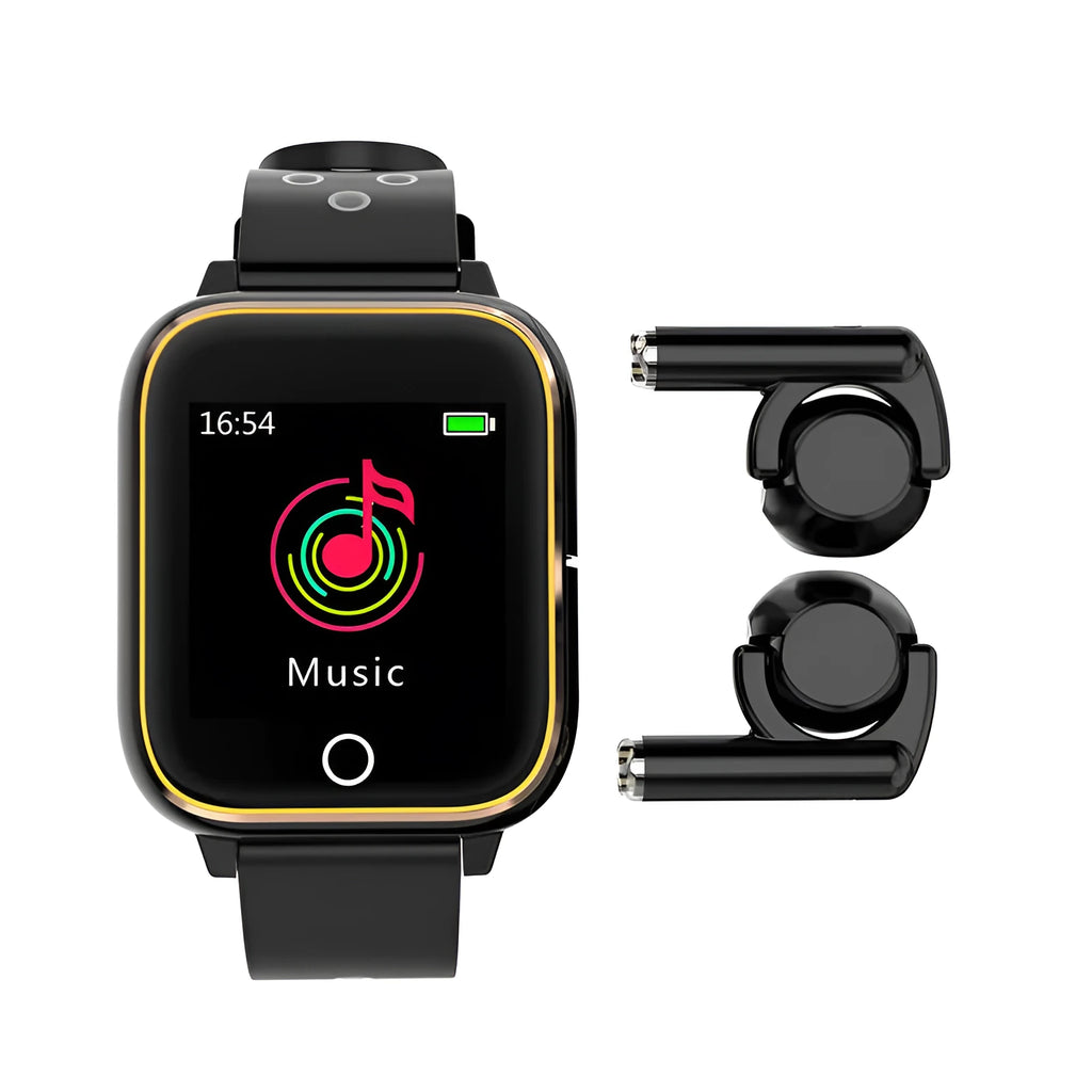Smartwatch with Bluetooth earbuds stored in charging case showing heart rate display