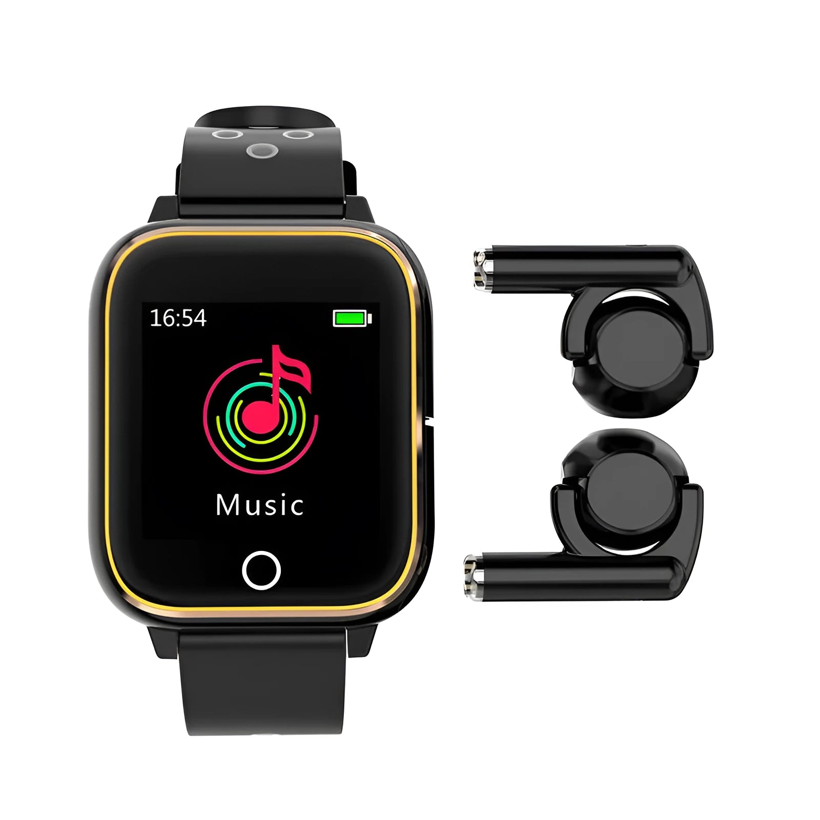Smartwatch with Bluetooth earbuds stored in charging case showing heart rate display