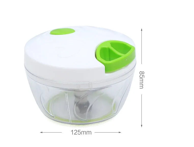 Manual vegetable chopper with three stainless steel blades and 500ml container in green