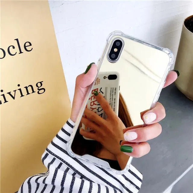 TPU mirror phone case for iPhone showing reflective back and soft protective edges