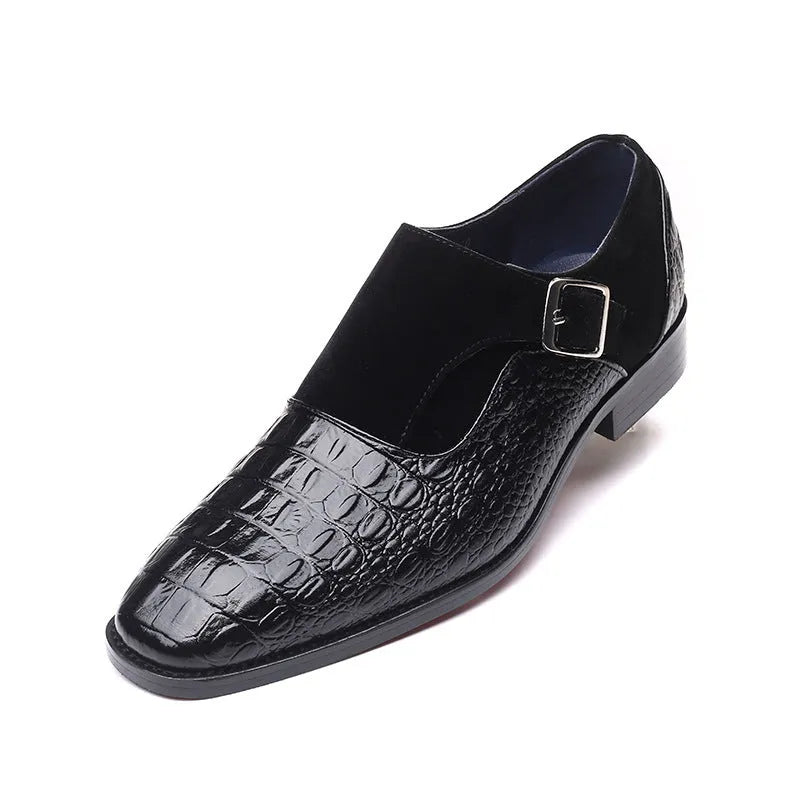 Men's formal pointed toe shoes in black, blue, and brown with artificial PU upper and rubber sole, sizes 37-48.