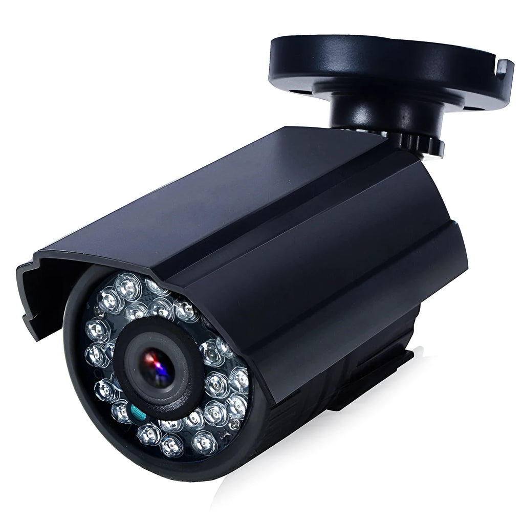 Black HD waterproof security camera with fixed lens for outdoor surveillance.