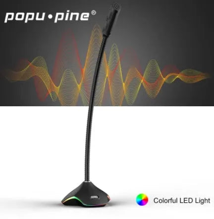 Black wired desktop microphone with detachable windshield sponge on a stand.