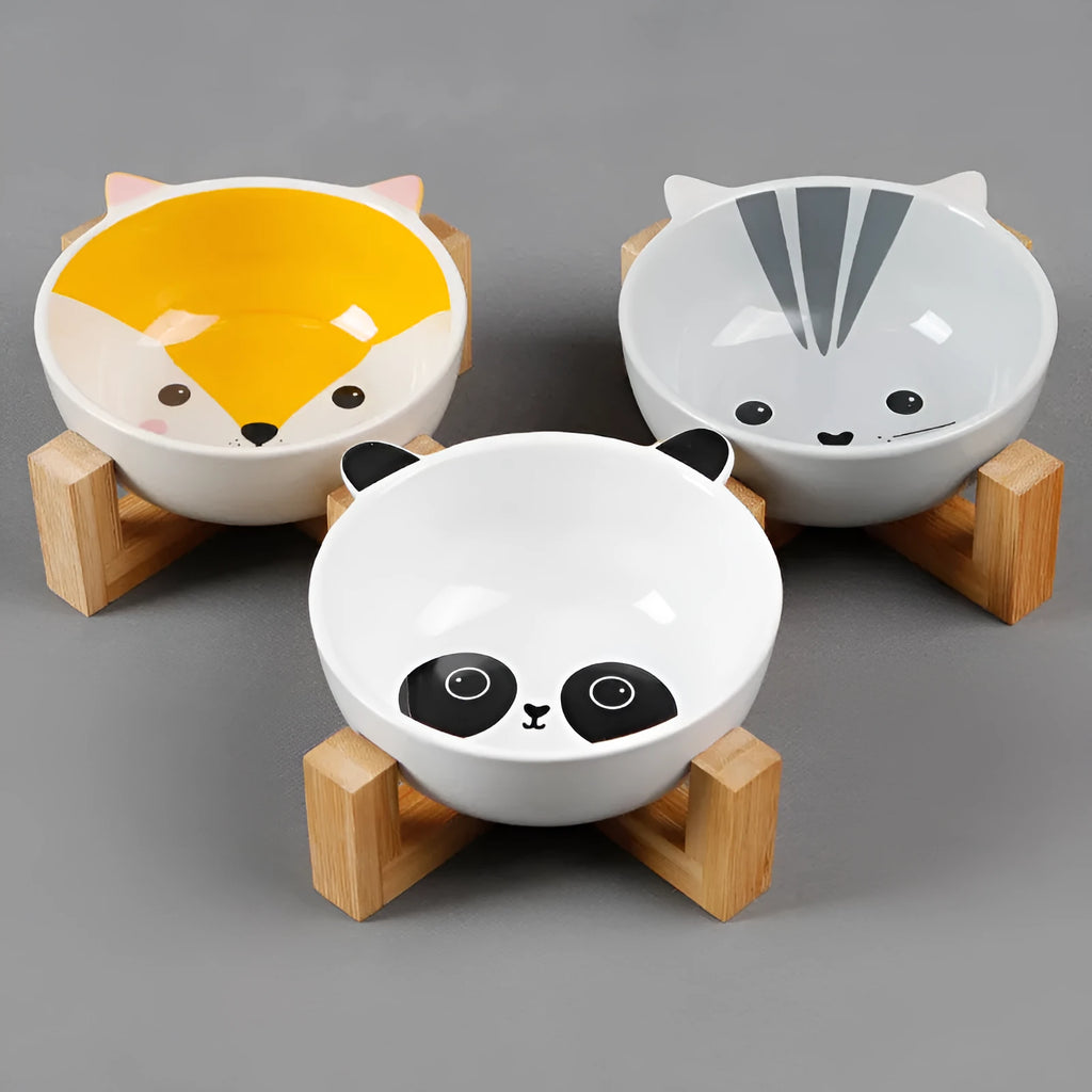 Raised ceramic cat food bowl in bamboo wooden stand, 13cm bowl, pink fox design