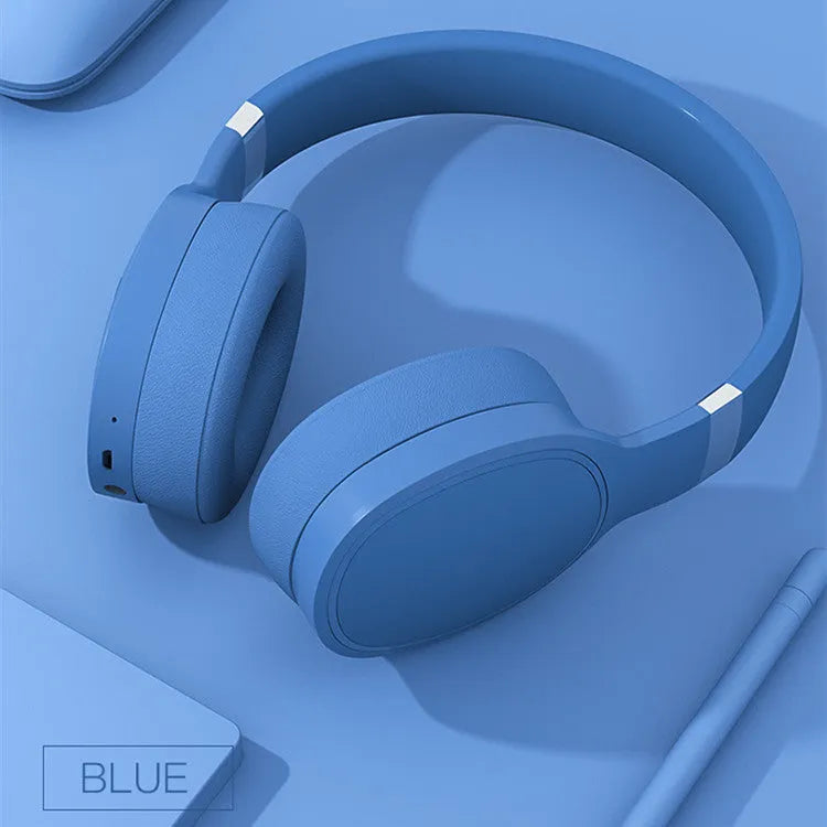Wireless Bluetooth headset in black, blue, grey, and white colour options showing over-ear design.