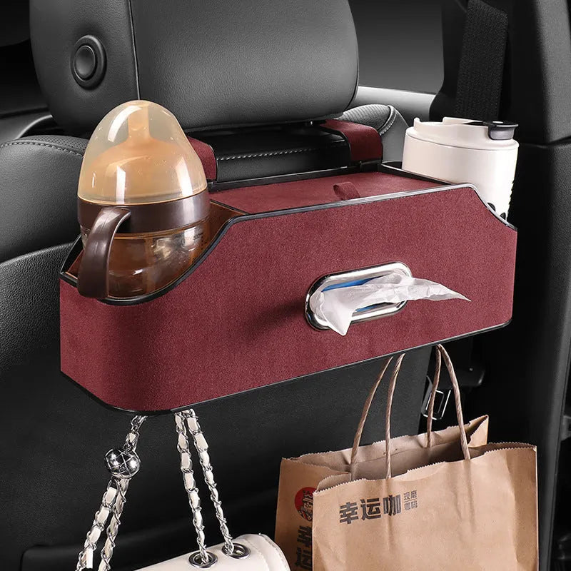 Genuine leather car tissue box and cup holder mounted on car seat back