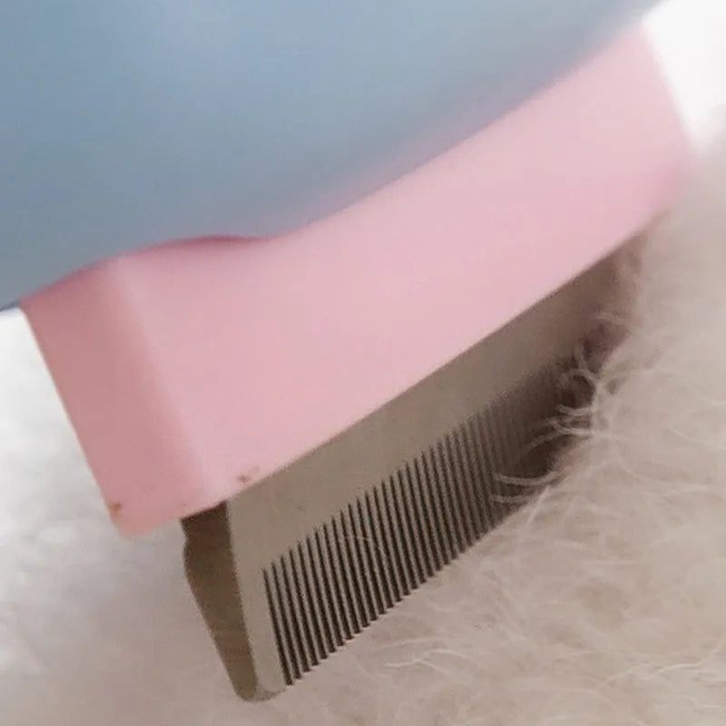 Blue and green double-sided pet deshedding brush with rake and comb, showing dimensions.