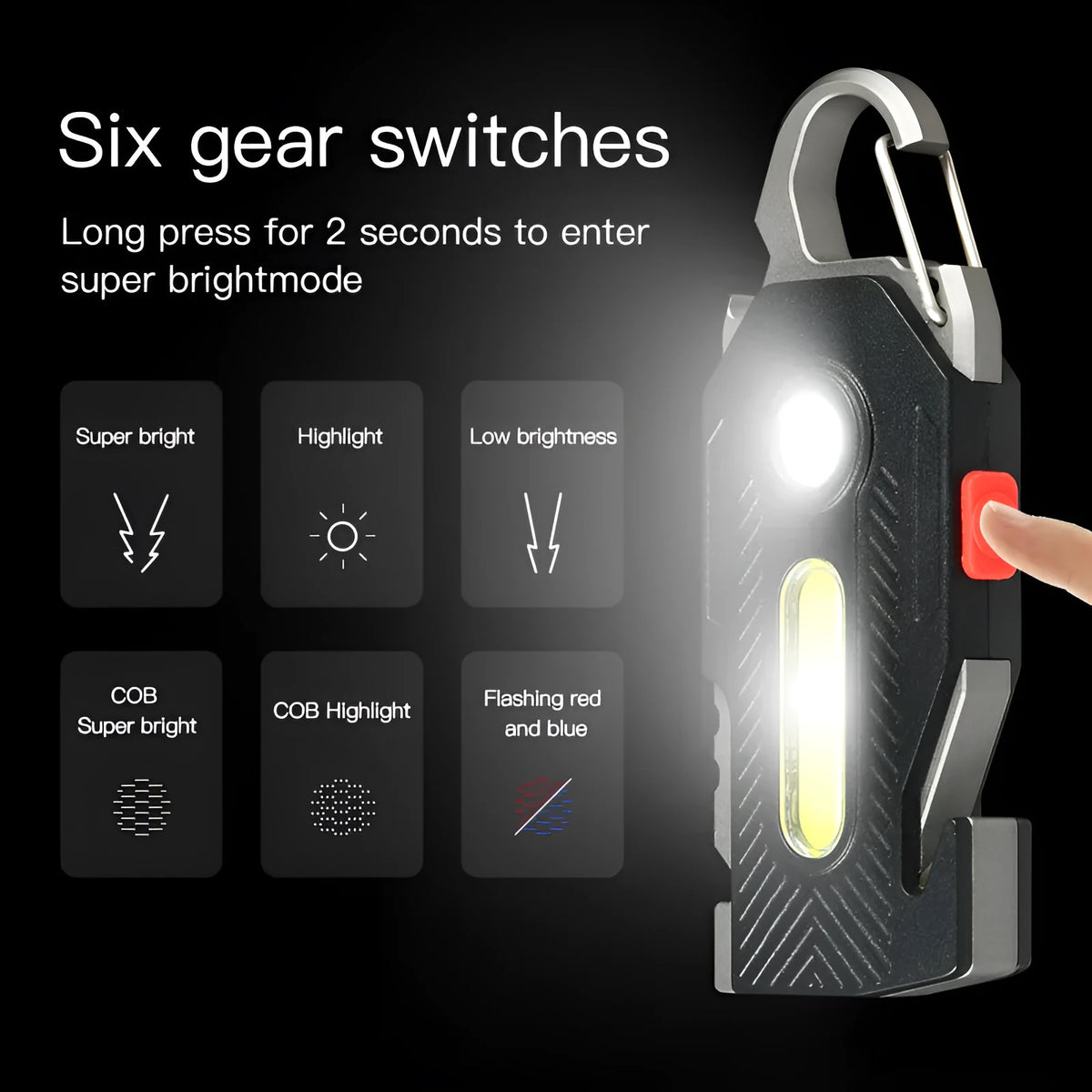 Multifunctional LED emergency work light with COB, 400LM, USB-C, keychain tools, 99x40x18mm