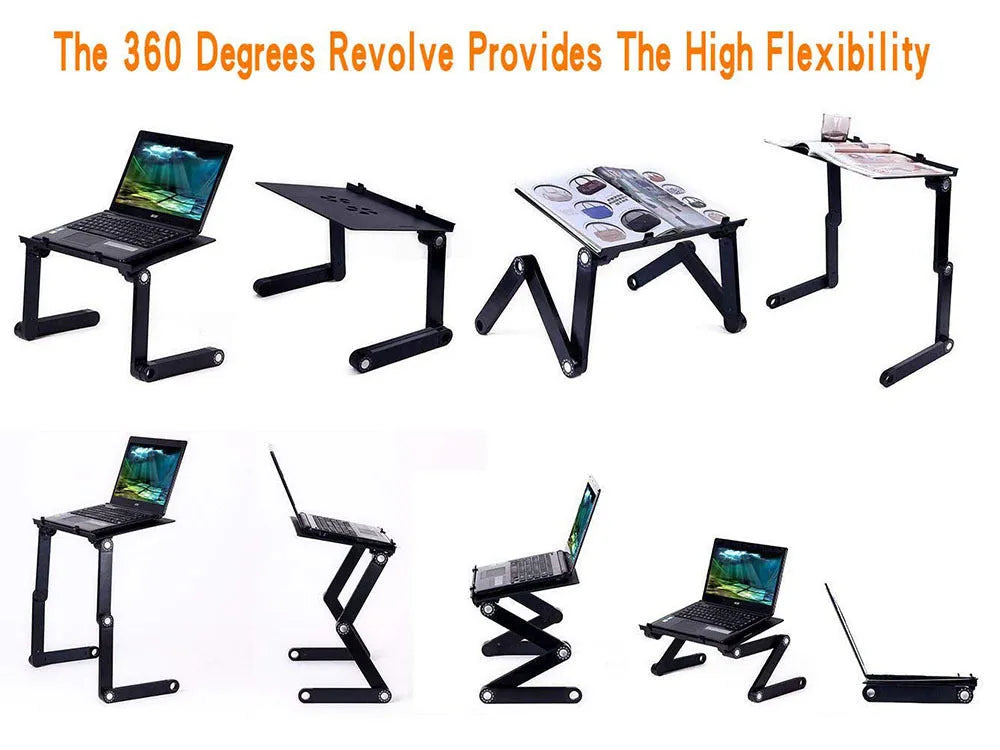 Adjustable laptop table stand in black with mouse panel and built-in USB fan, folding aluminium-magnesium alloy frame, 42 x 26 x 45-49 cm