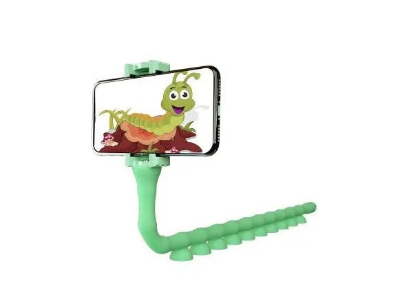 Black flexible rubber phone holder with suction cup base and long worm arm extended.