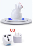 White handheld humidifying steaming machine, 280W, 220V-50HZ, 143x105x225mm, with 40°C mist output and plug options.