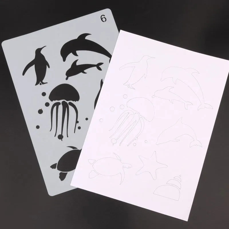 White plastic children's drawing stencil sets showing multiple template designs for tracing and artwork creation