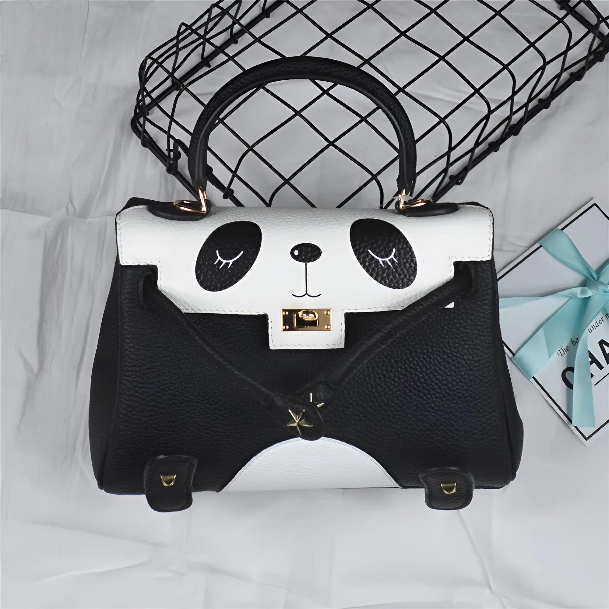 Panda print cow leather women's handbag in horizontal square shape