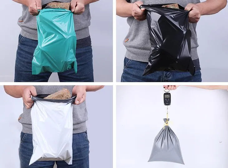 A bundle of 100 clear and coloured PE plastic courier bags with sticker seals for clothing protection.