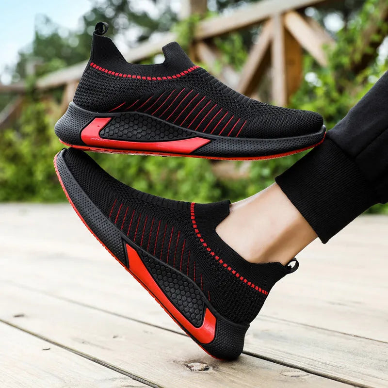 Men's mesh sneakers with striped design, flyknit upper, and plastic sole in various colour options
