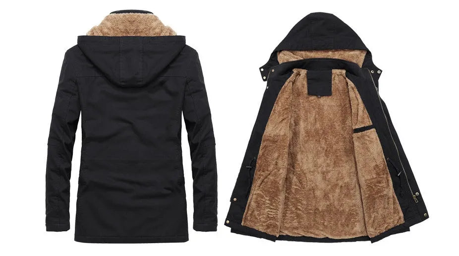 Men's thickened winter jacket with stand-up collar and zip front, loose fit casual coat in khaki, black, earthy yellow or military green