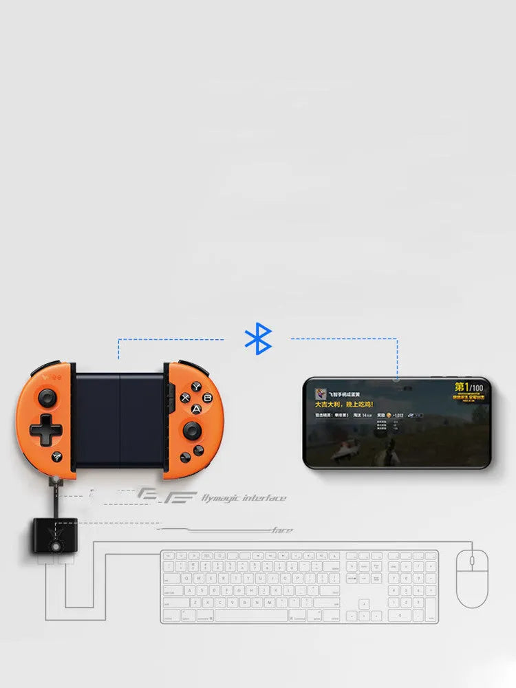 Feizhi Wee 2T stretchable mobile game controller in blue or orange, showing USB plug.