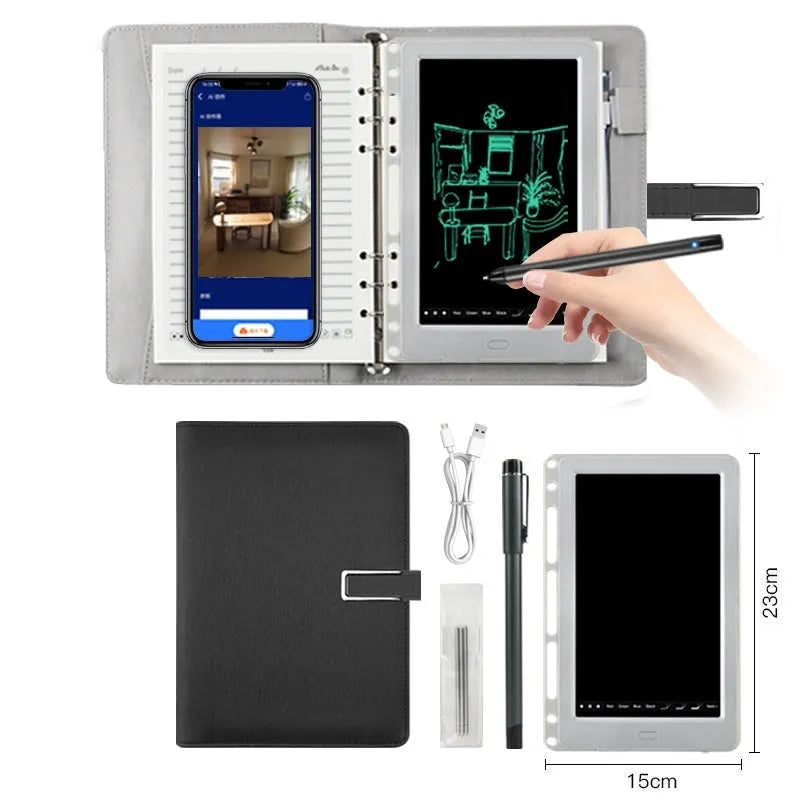 85-inch electronic writing pad with stitching design in dark blue, shown with smart pen and USB cable.