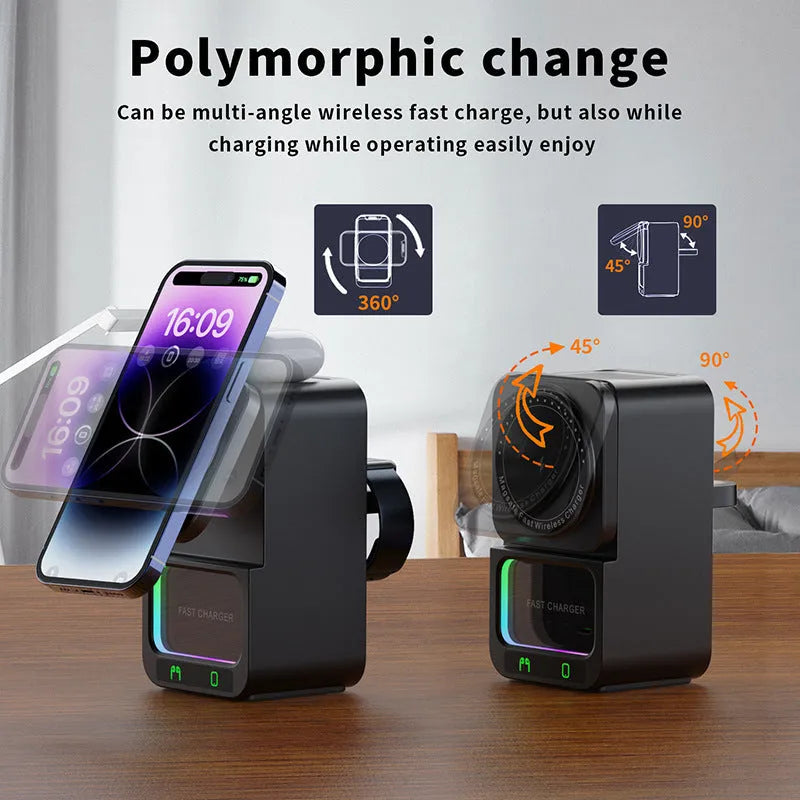 Black and white Bluetooth speaker wireless charger with magnetic charging support on desk
