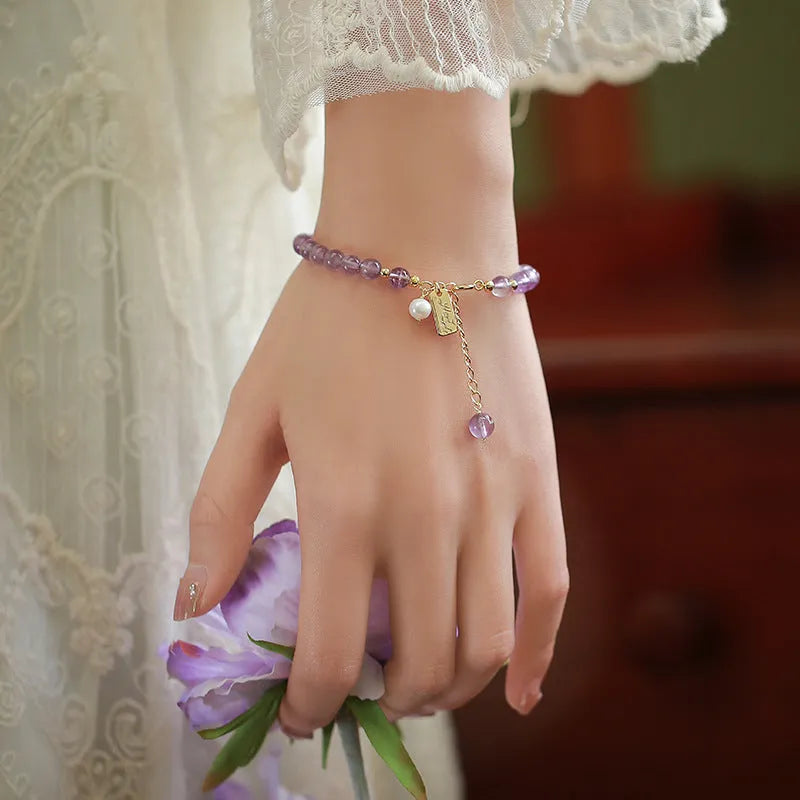 Natural lavender amethyst crystal bracelet with zodiac or animal charms for women