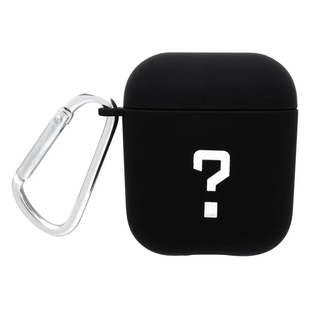 Black AirPods hard case with a smiley face design next to a pink case with a flower pattern.