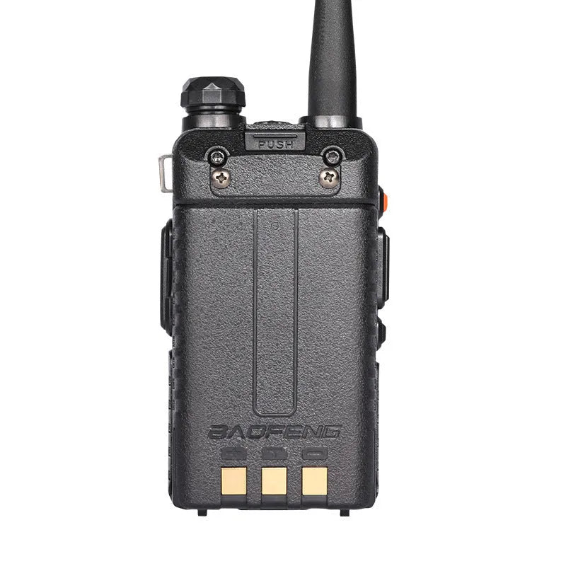 Professional dual-band walkie talkie showing VHF UHF frequency ranges and 128-channel display