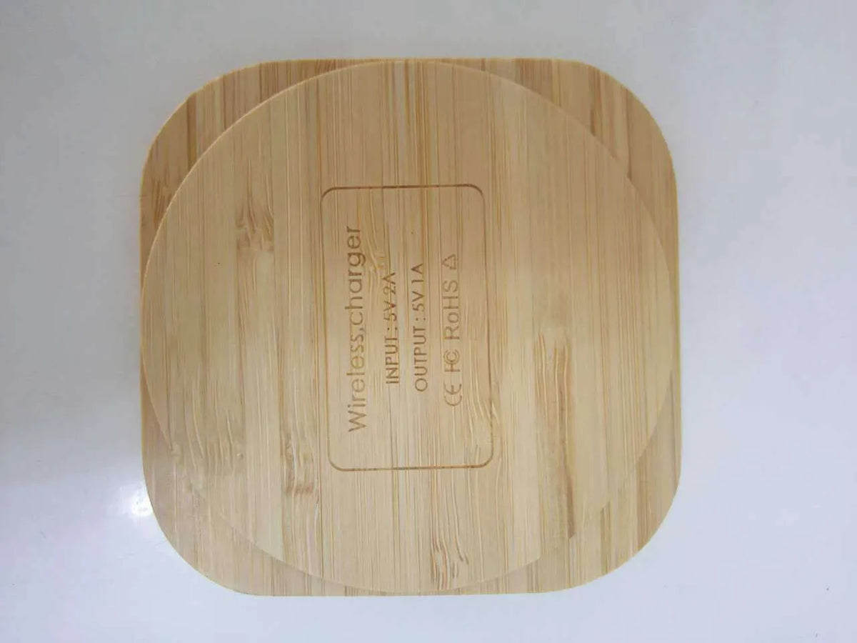 Square wooden bamboo 5W wireless charging pad measuring 92x92mm