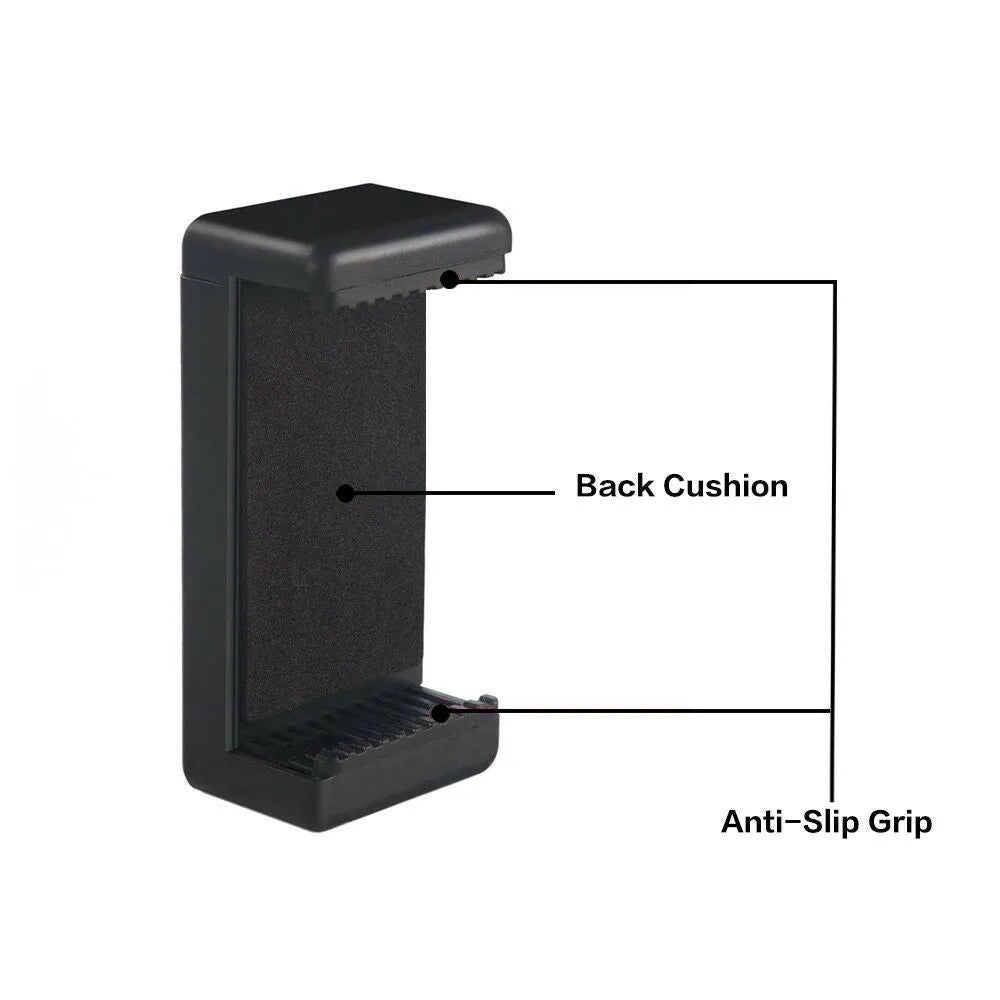 Black plastic single phone holder with rotating clamp on a desk