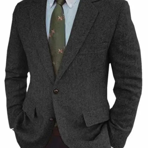 Men's brown herringbone pattern suit jacket with long sleeves and a retro business casual style