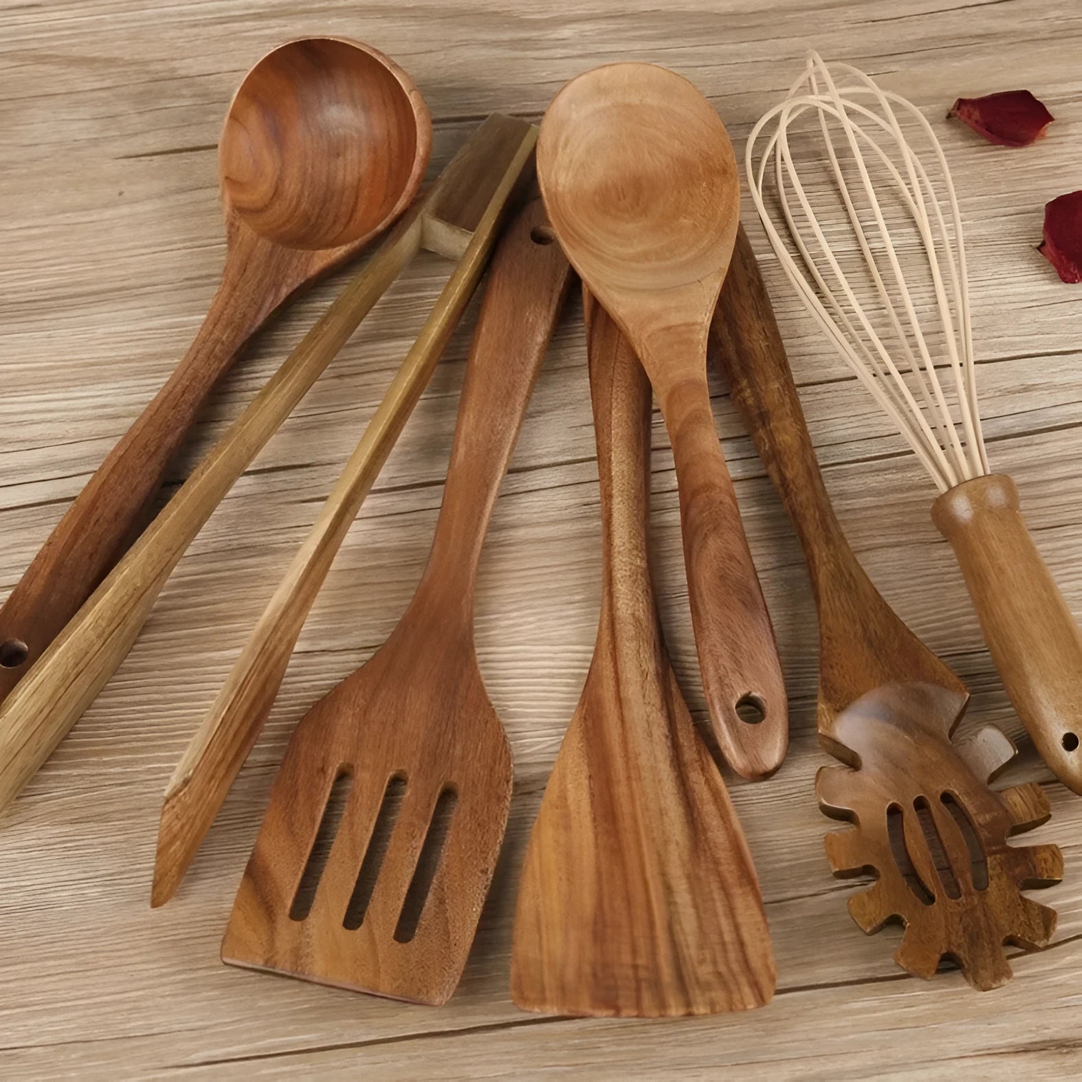 7-piece wooden cooking utensil set for non-stick pans with spoon shovel and six additional tools