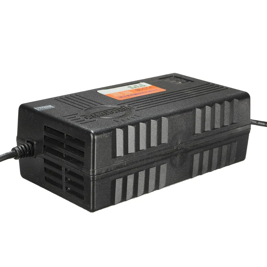 Black 72V 20AH electric car battery charger with compact metal and plastic housing.