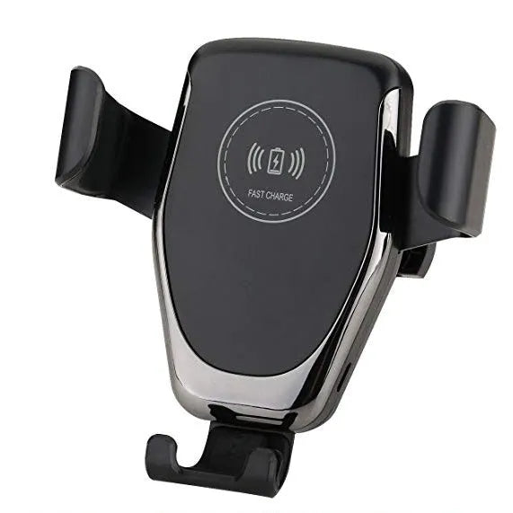 Black wireless car charger mounted on a car vent, holding an iPhone.