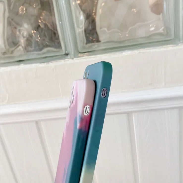 Soft silicone iPhone case with gradient oil painting and geometric abstract pattern in blue