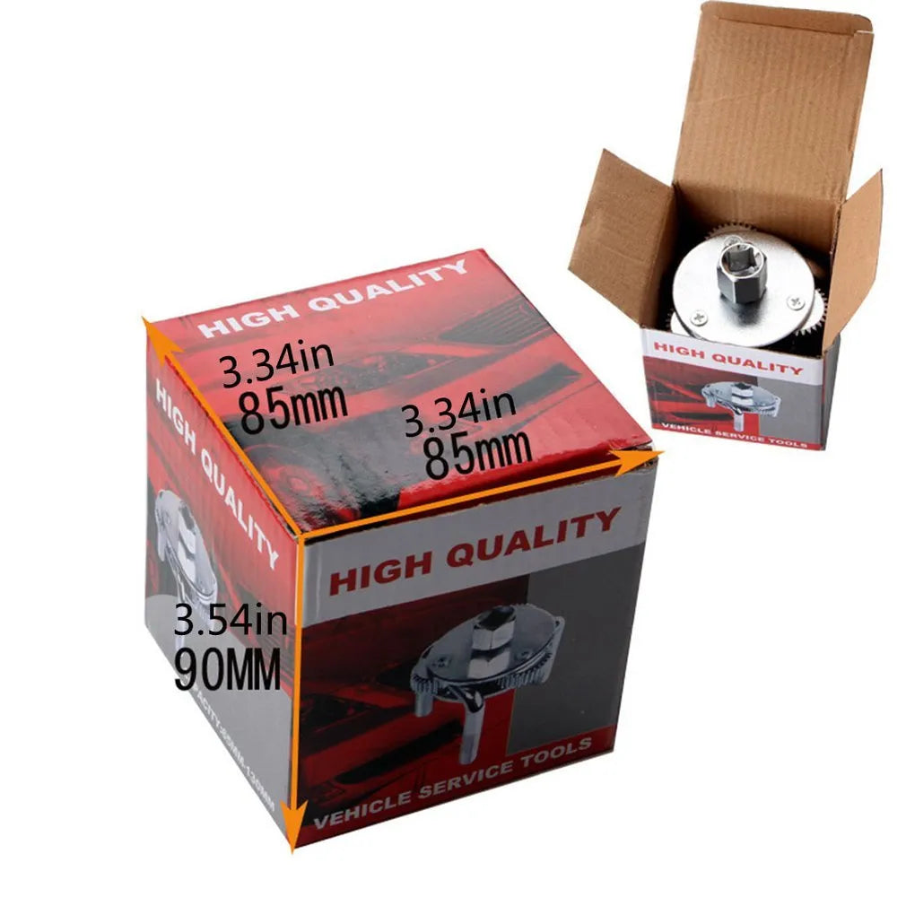 Round three-jaw oil filter wrench with frosted surface treatment and metric system listing, silver colour option