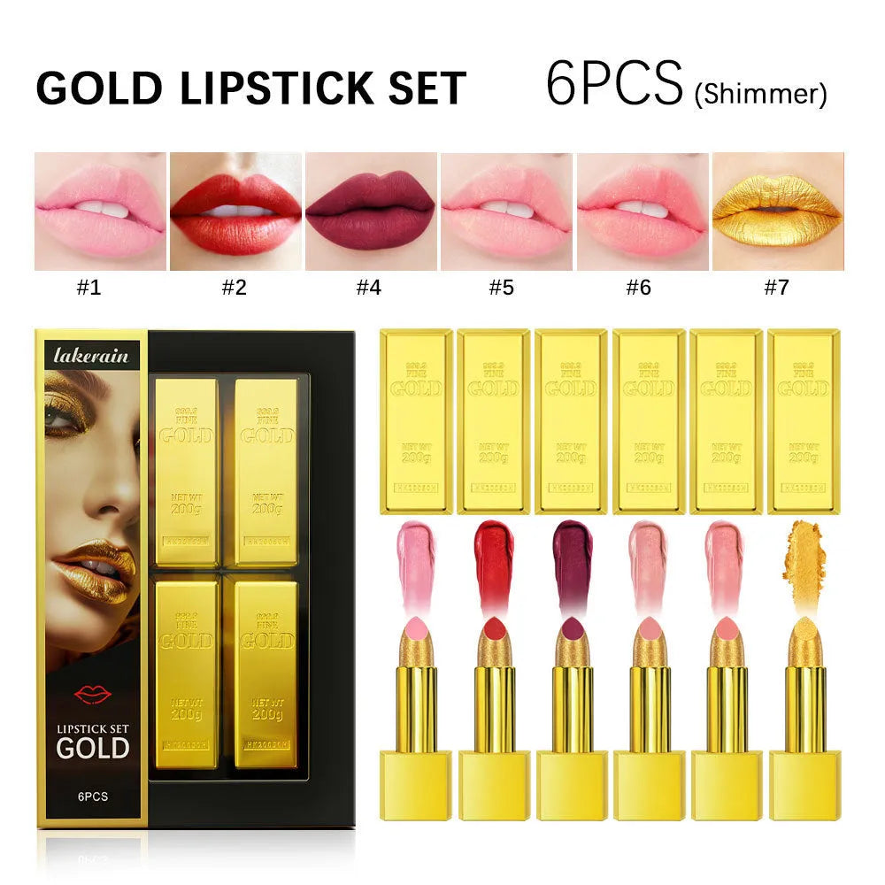 Gold brick tube design lipstick kit with 6 colours and easy-to-colour formula