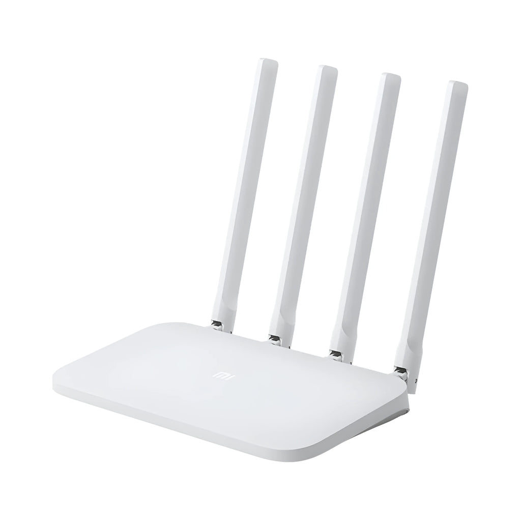 White 4C wireless router with four omnidirectional high gain antennas, 300 Mbps speed and 64 MB memory.