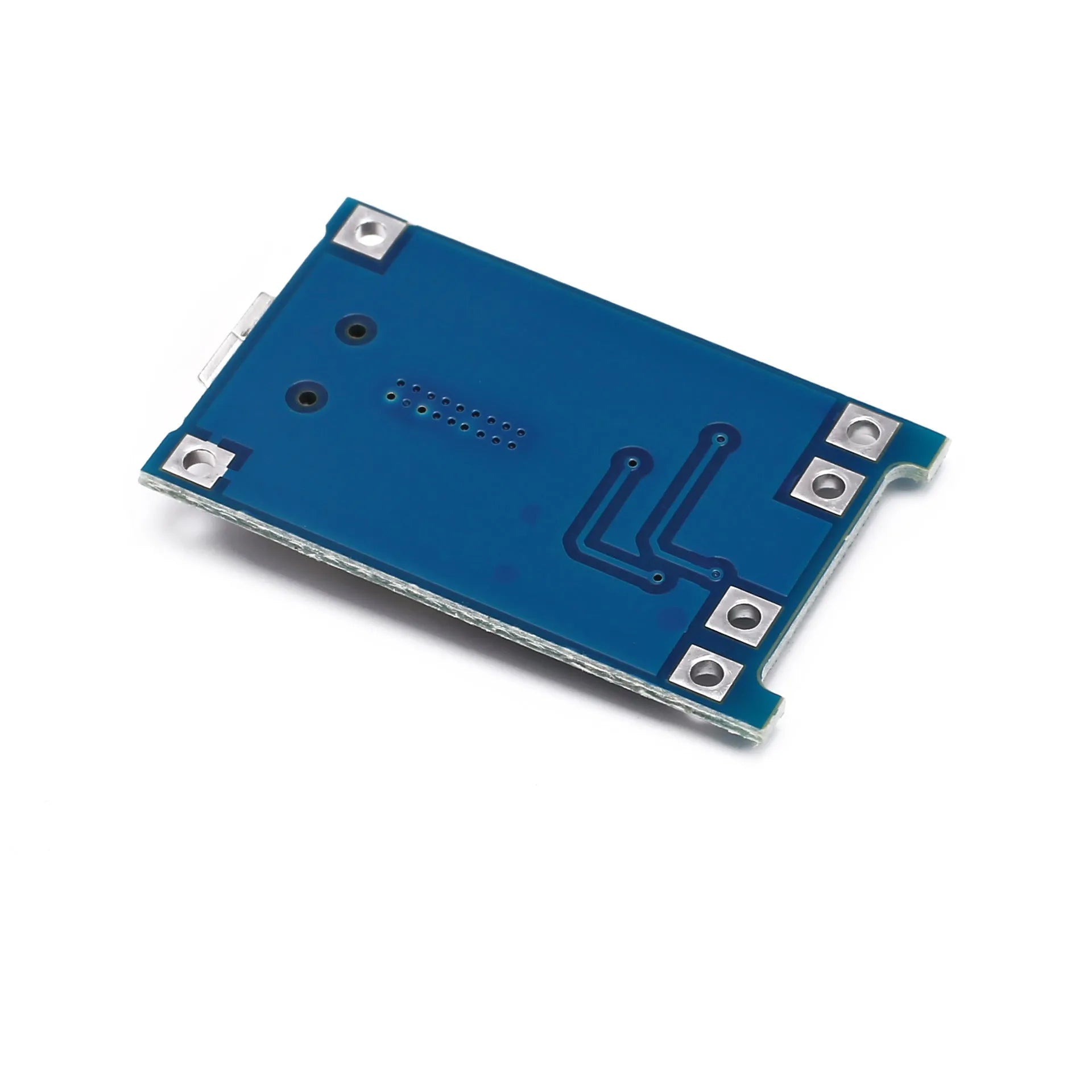 Blue lithium battery charging and protection integrated circuit board measuring 26x17mm