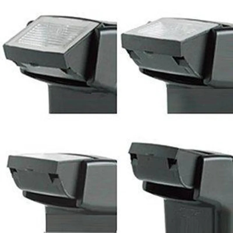 Compact black hot shoe flash unit tilted upwards on a DSLR camera