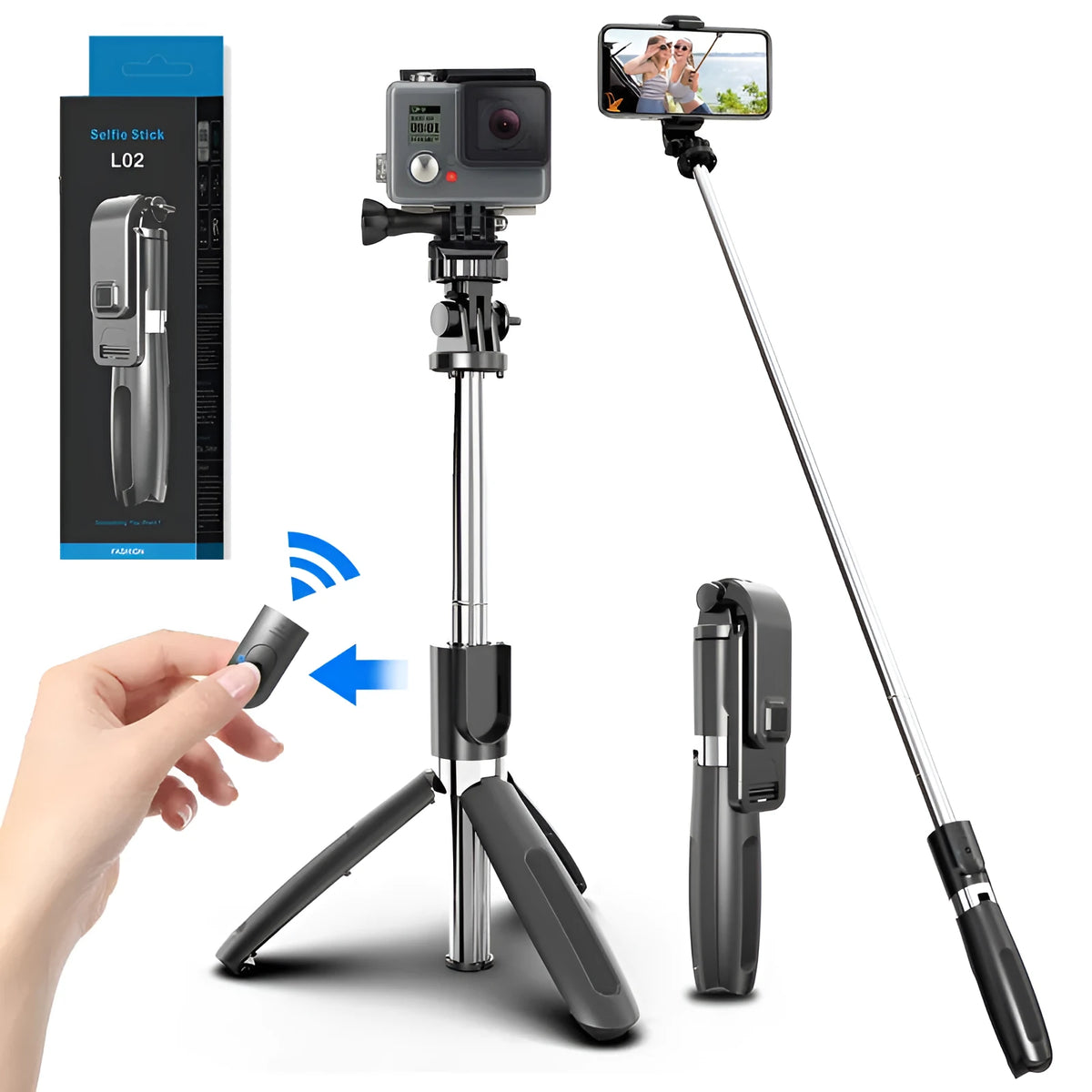 Extended black Bluetooth selfie stick with phone attached, showing wireless remote and tripod base deployed.