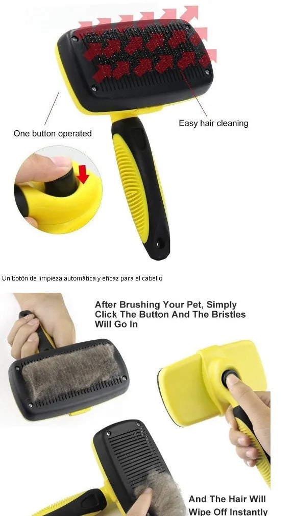 Automatic retractable pet comb with stainless steel needles, 19 x 12.6 cm, in green or yellow