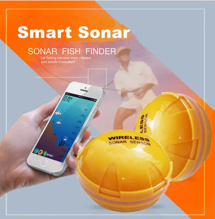 Yellow wireless sonar fish finder, 68 x 68 x 50cm, 2.4GHz, 125kHz sonar, 0.6-36m depth range