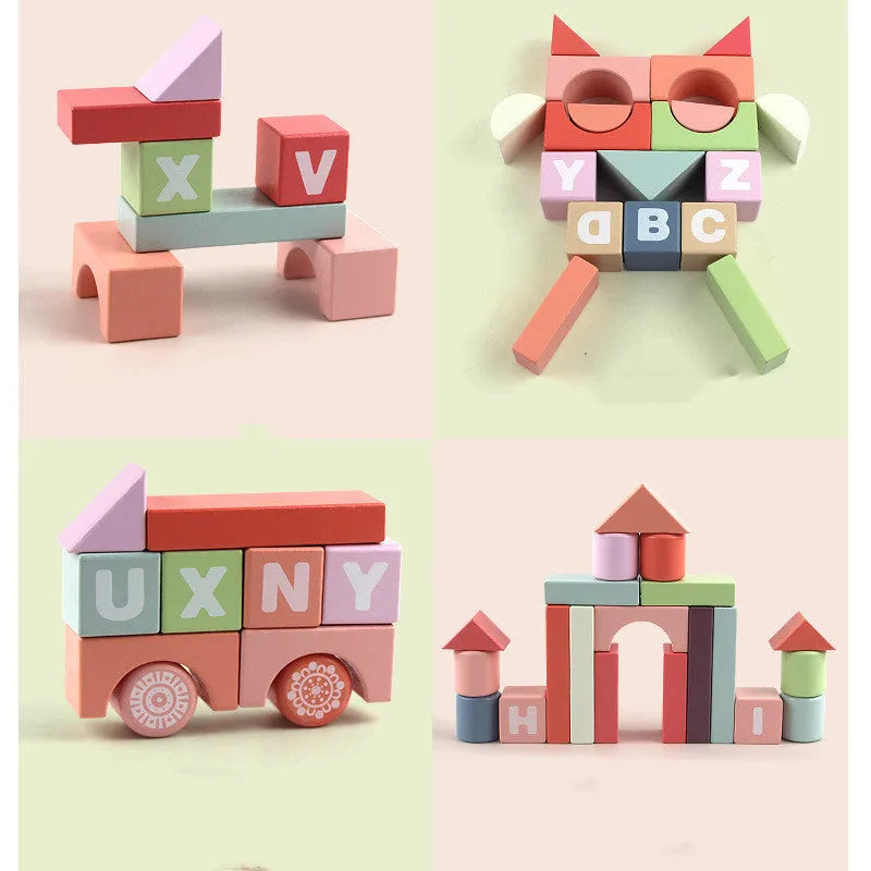 94 beech wood building blocks in a colour box measuring 25.5x7x20cm for children assembly play