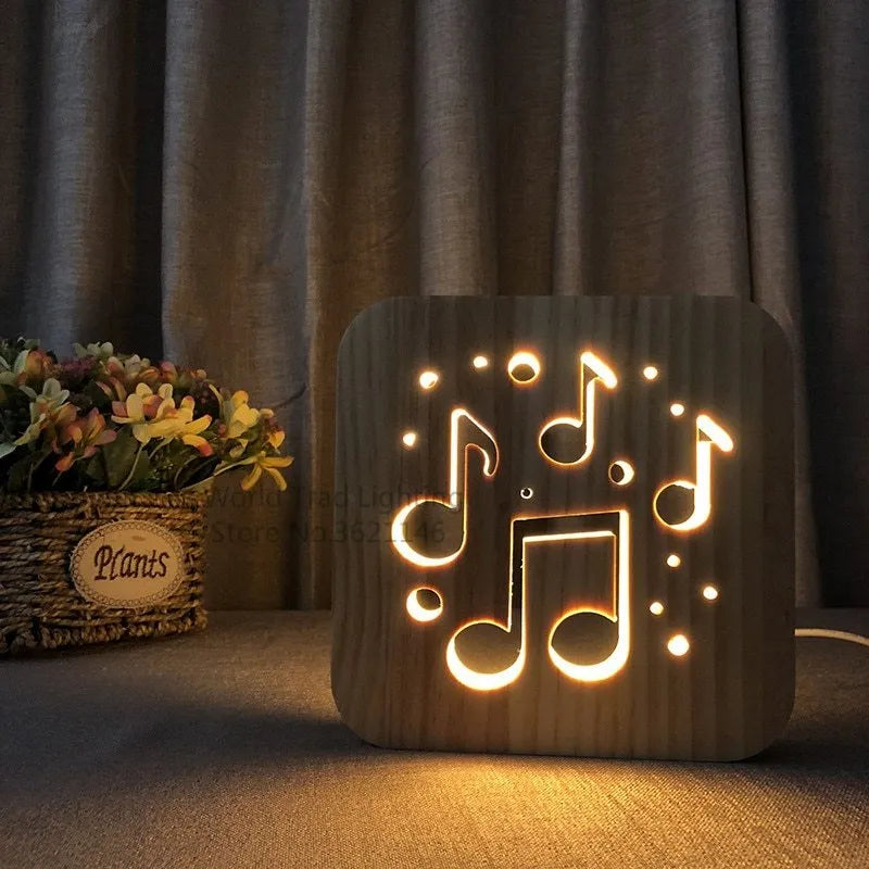 Square pine wood USB LED atmosphere lamp with warm white light on a surface.