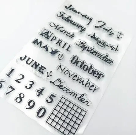 Vintage icon calendar rubber stamp made from clear silicone for craft projects.