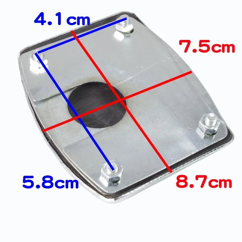 Metal motorcycle brake pedal skid plate showing three style options
