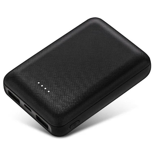 Ultra-thin black or white power bank showing multiple USB ports and 10,000mAh capacity