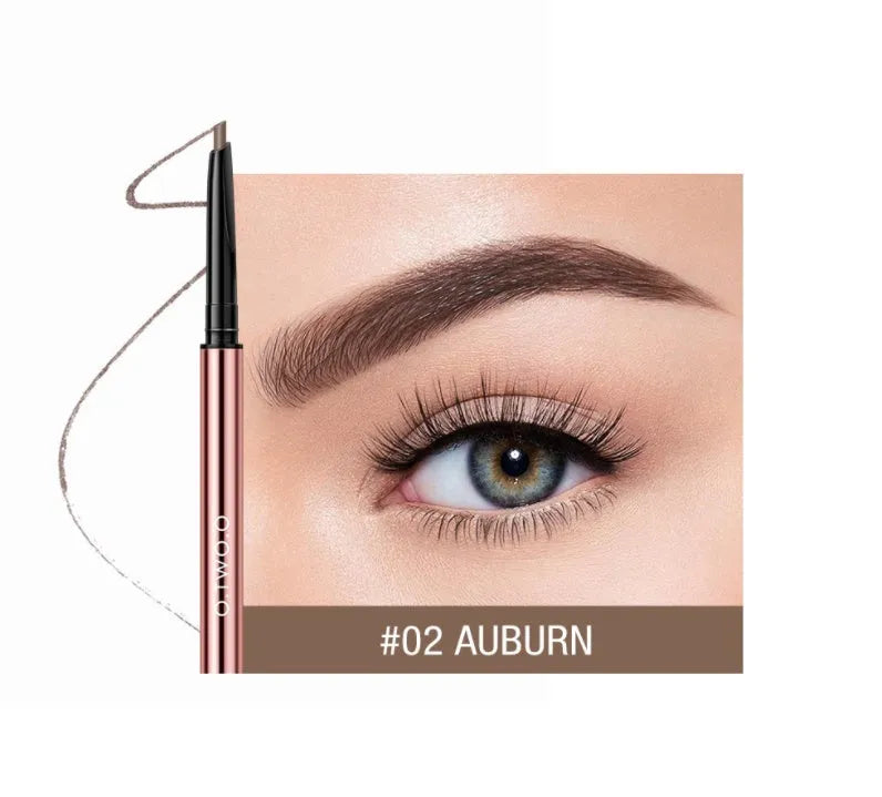 A brow make-up pencil in a colour box, showing six available shades like Auburn, Blonde, Caramel, and Taupe.